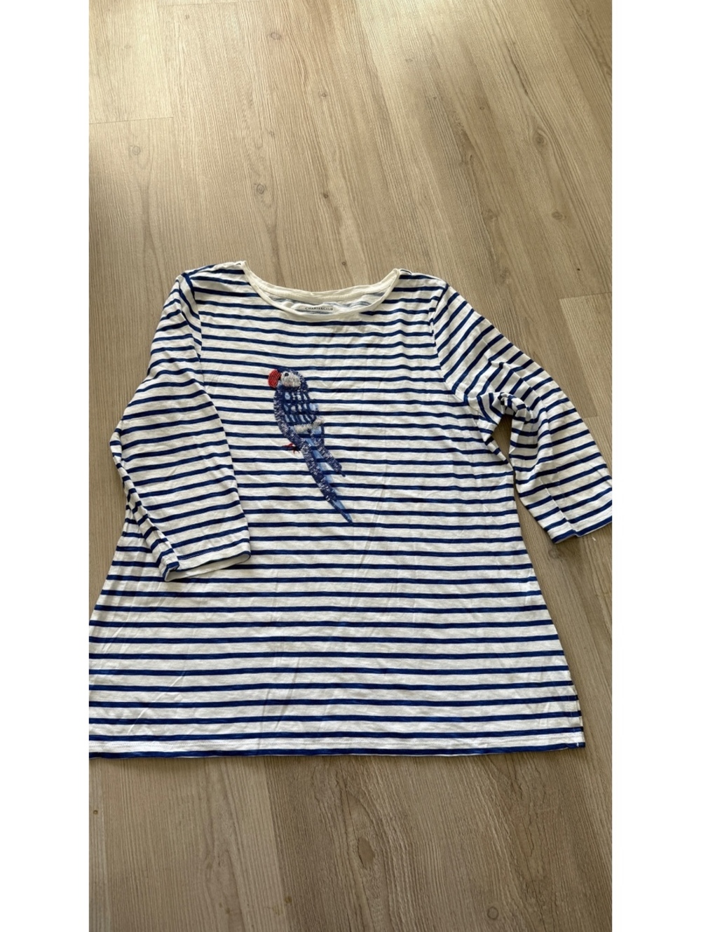 Charter Club XL Striped Sequin Parrot Top 100% Cotton Nautical Blue White